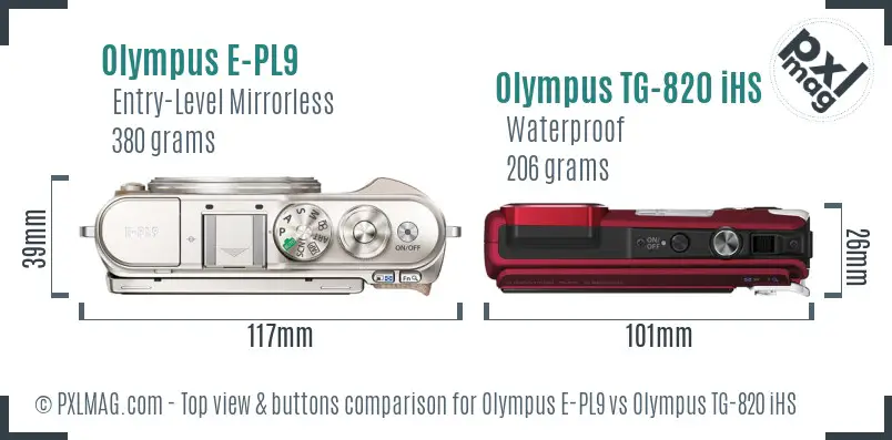 Olympus E-PL9 vs Olympus TG-820 iHS top view buttons comparison