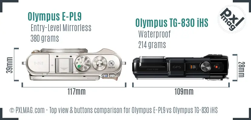 Olympus E-PL9 vs Olympus TG-830 iHS top view buttons comparison