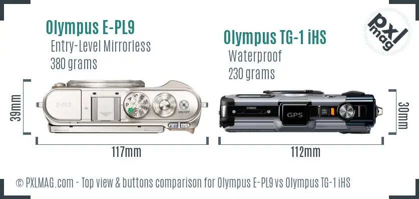 Olympus E-PL9 vs Olympus TG-1 iHS top view buttons comparison