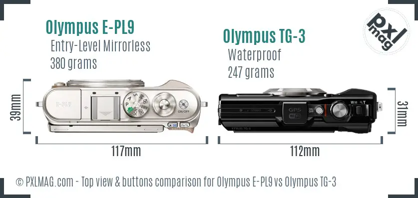 Olympus E-PL9 vs Olympus TG-3 top view buttons comparison