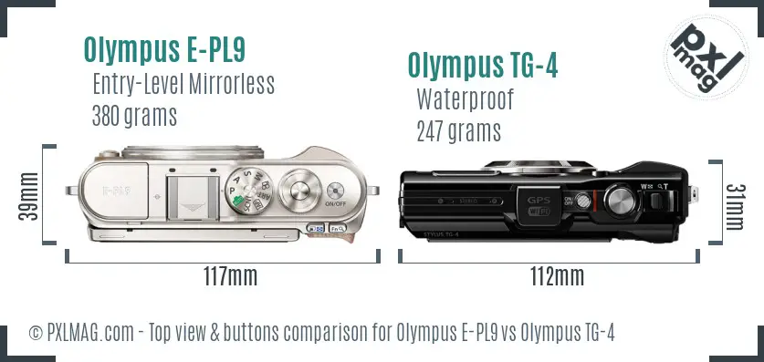 Olympus E-PL9 vs Olympus TG-4 top view buttons comparison