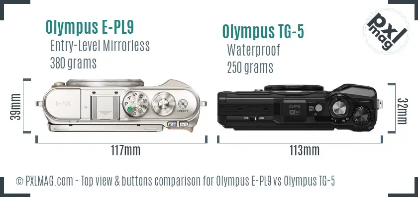 Olympus E-PL9 vs Olympus TG-5 top view buttons comparison