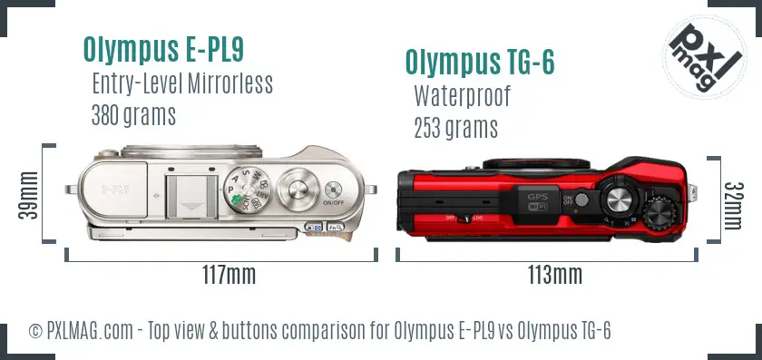 Olympus E-PL9 vs Olympus TG-6 top view buttons comparison
