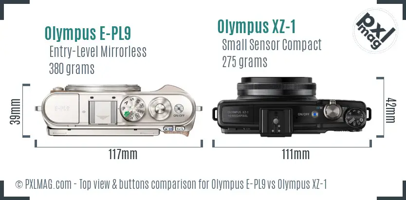 Olympus E-PL9 vs Olympus XZ-1 top view buttons comparison