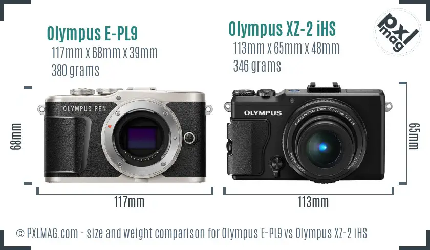 Olympus E-PL9 vs Olympus XZ-2 iHS size comparison