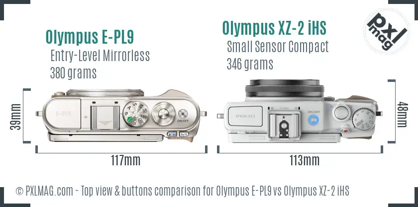 Olympus E-PL9 vs Olympus XZ-2 iHS top view buttons comparison