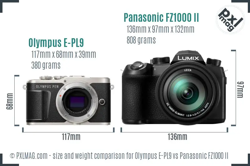 Olympus E-PL9 vs Panasonic FZ1000 II size comparison