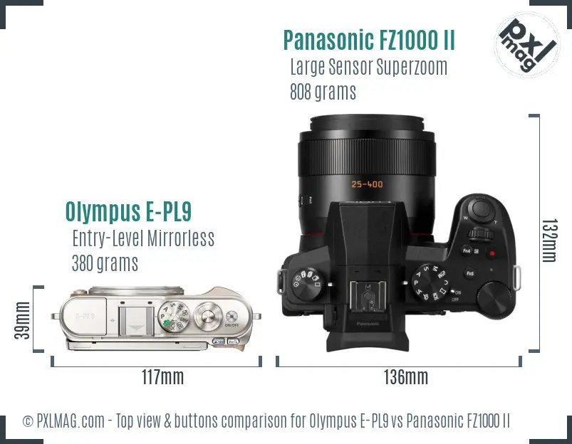 Olympus E-PL9 vs Panasonic FZ1000 II top view buttons comparison