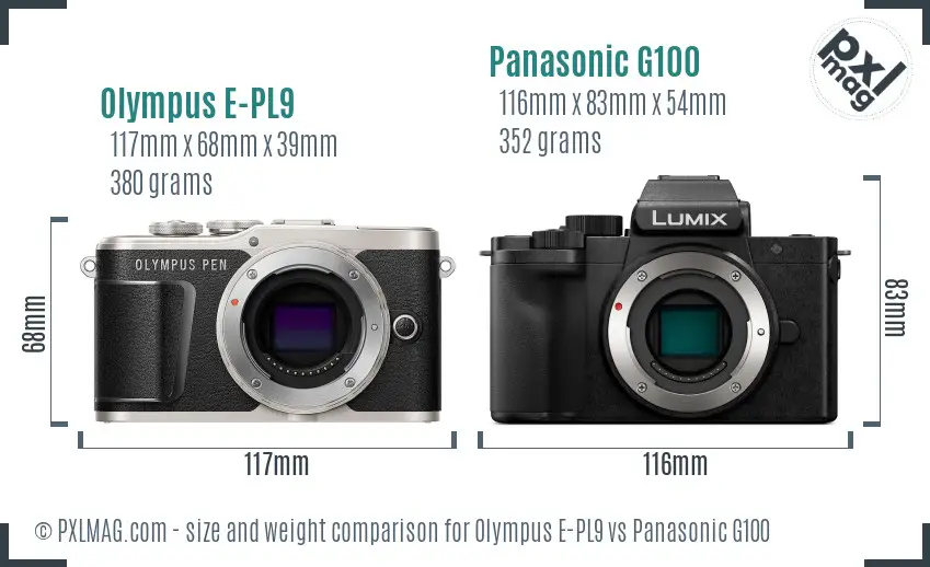 Olympus E-PL9 vs Panasonic G100 size comparison