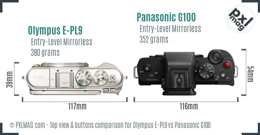 Olympus E-PL9 vs Panasonic G100 top view buttons comparison