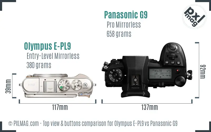Olympus E-PL9 vs Panasonic G9 top view buttons comparison
