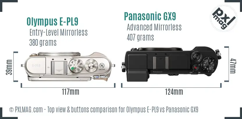 Olympus E-PL9 vs Panasonic GX9 top view buttons comparison