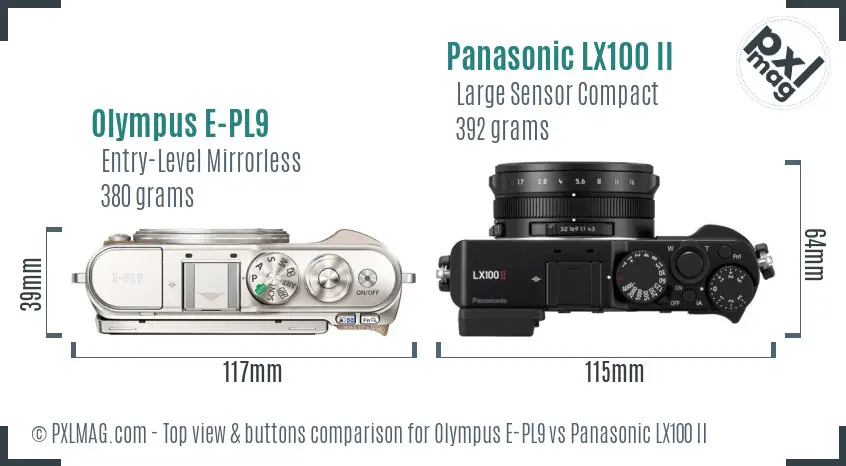 Olympus E-PL9 vs Panasonic LX100 II top view buttons comparison
