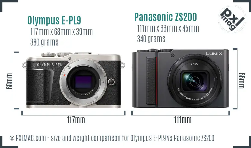 Olympus E-PL9 vs Panasonic ZS200 size comparison