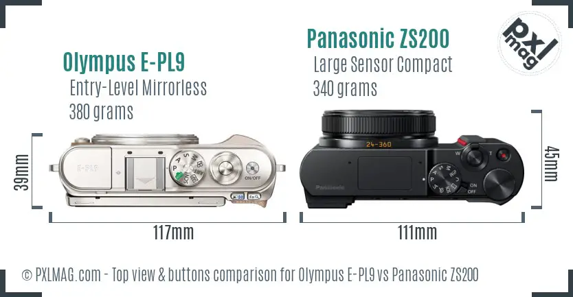 Olympus E-PL9 vs Panasonic ZS200 top view buttons comparison