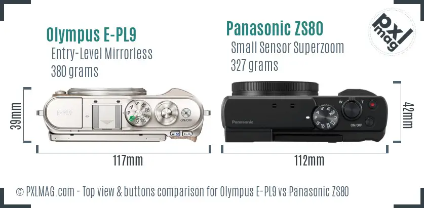 Olympus E-PL9 vs Panasonic ZS80 top view buttons comparison