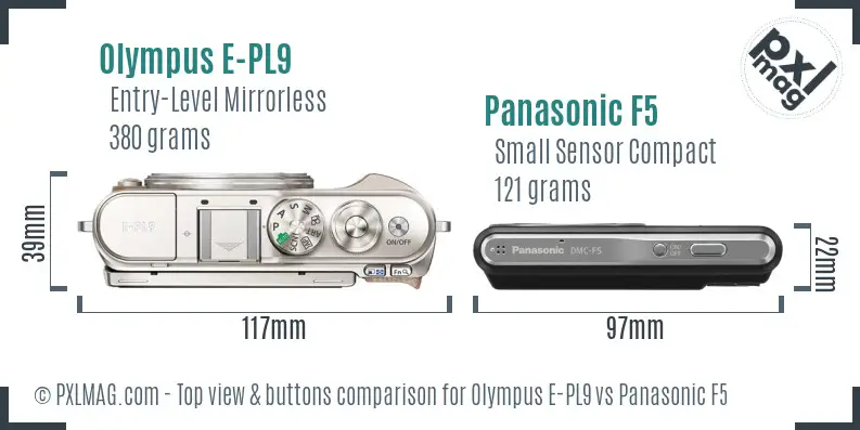 Olympus E-PL9 vs Panasonic F5 top view buttons comparison