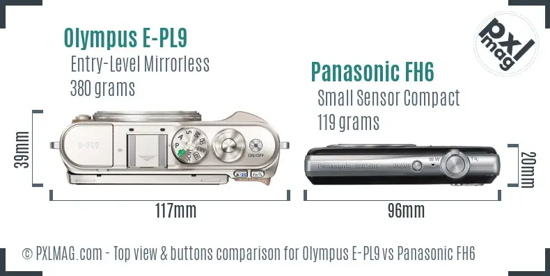 Olympus E-PL9 vs Panasonic FH6 top view buttons comparison