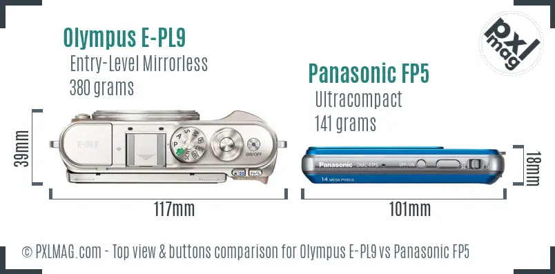 Olympus E-PL9 vs Panasonic FP5 top view buttons comparison
