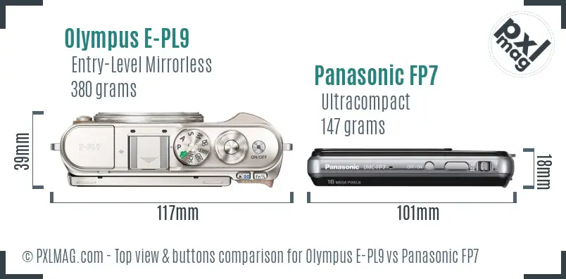 Olympus E-PL9 vs Panasonic FP7 top view buttons comparison
