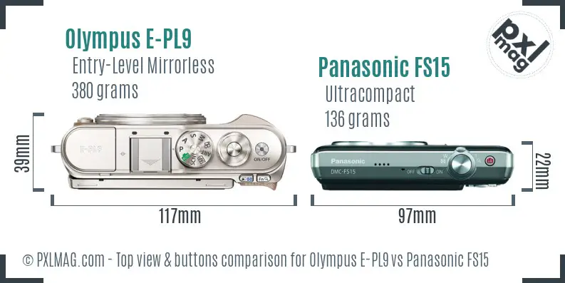 Olympus E-PL9 vs Panasonic FS15 top view buttons comparison