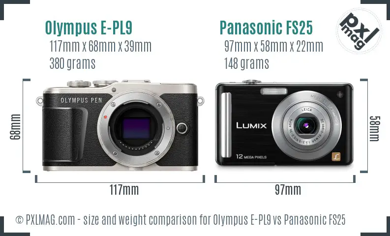 Olympus E-PL9 vs Panasonic FS25 size comparison