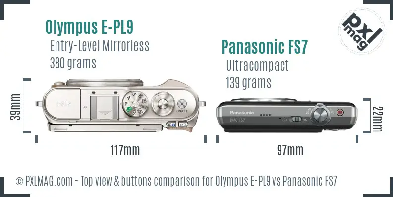 Olympus E-PL9 vs Panasonic FS7 top view buttons comparison