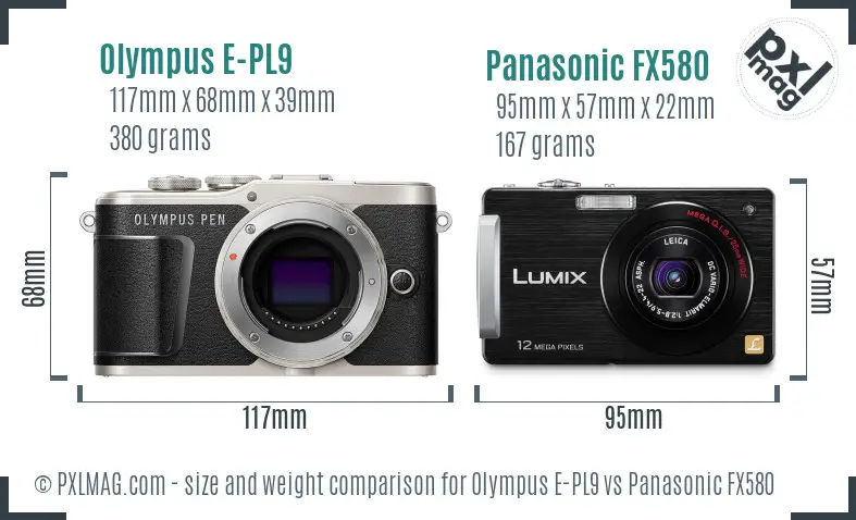 Olympus E-PL9 vs Panasonic FX580 size comparison