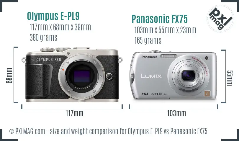 Olympus E-PL9 vs Panasonic FX75 size comparison