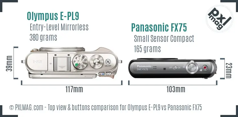 Olympus E-PL9 vs Panasonic FX75 top view buttons comparison