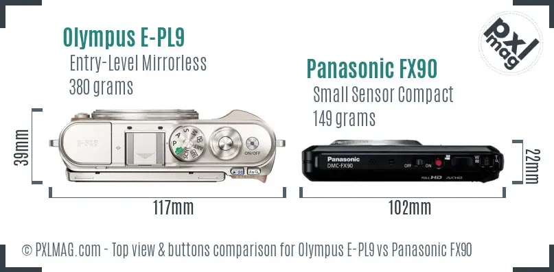 Olympus E-PL9 vs Panasonic FX90 top view buttons comparison