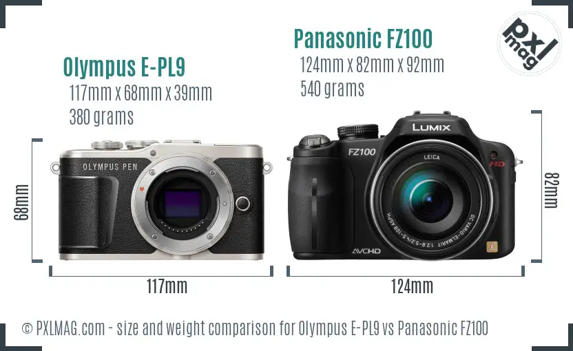 Olympus E-PL9 vs Panasonic FZ100 size comparison