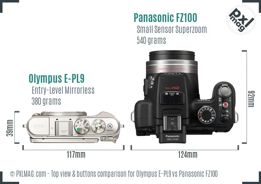 Olympus E-PL9 vs Panasonic FZ100 top view buttons comparison
