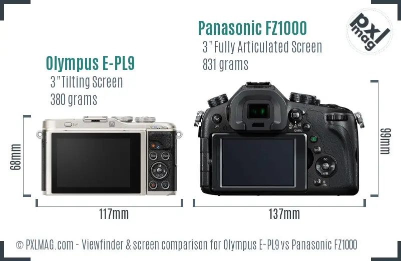 Olympus E-PL9 vs Panasonic FZ1000 Screen and Viewfinder comparison