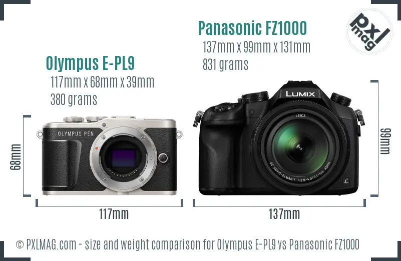 Olympus E-PL9 vs Panasonic FZ1000 size comparison