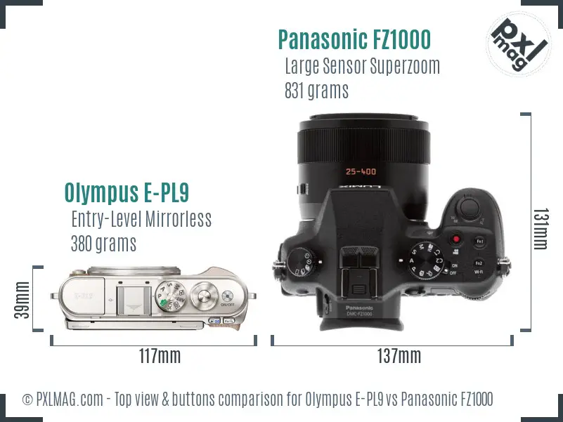 Olympus E-PL9 vs Panasonic FZ1000 top view buttons comparison