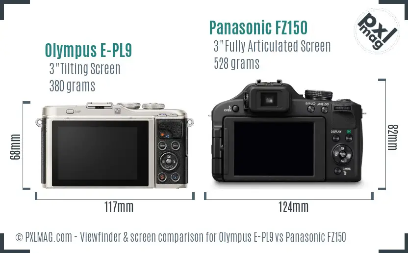 Olympus E-PL9 vs Panasonic FZ150 Screen and Viewfinder comparison