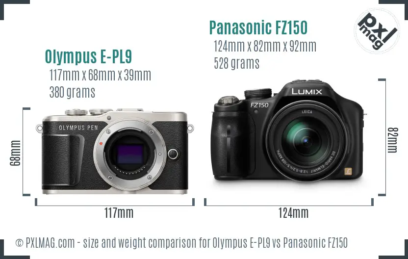 Olympus E-PL9 vs Panasonic FZ150 size comparison