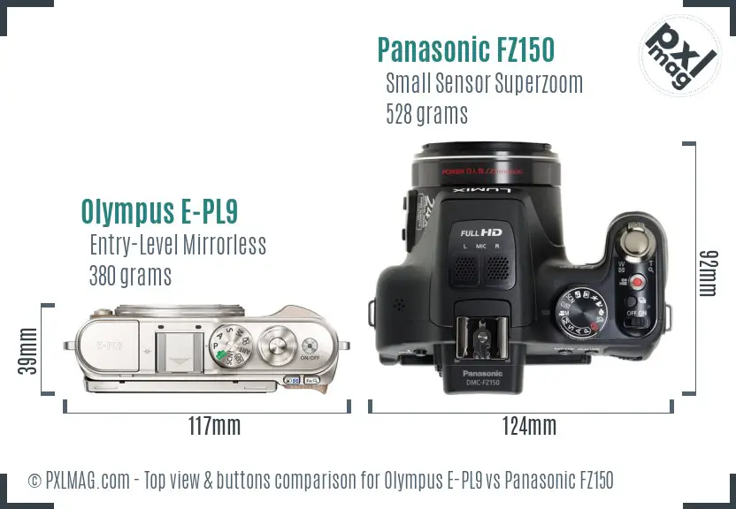 Olympus E-PL9 vs Panasonic FZ150 top view buttons comparison