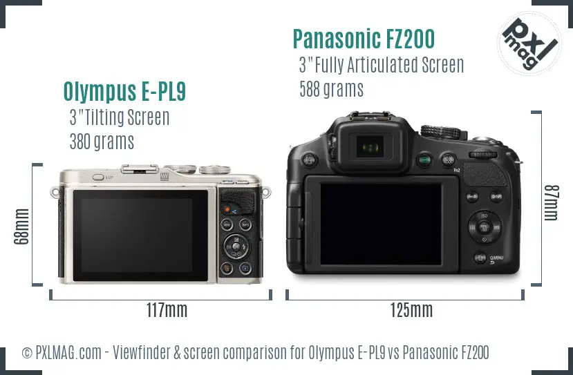 Olympus E-PL9 vs Panasonic FZ200 Screen and Viewfinder comparison