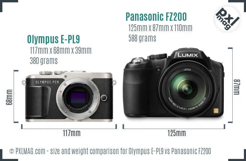 Olympus E-PL9 vs Panasonic FZ200 size comparison