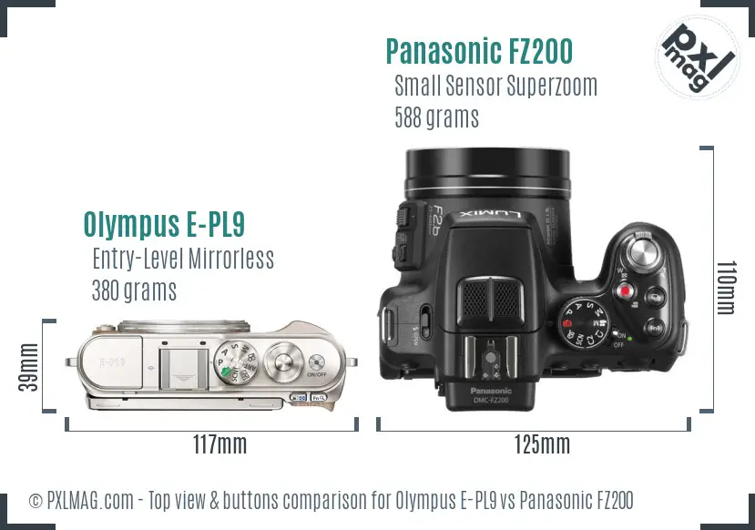 Olympus E-PL9 vs Panasonic FZ200 top view buttons comparison