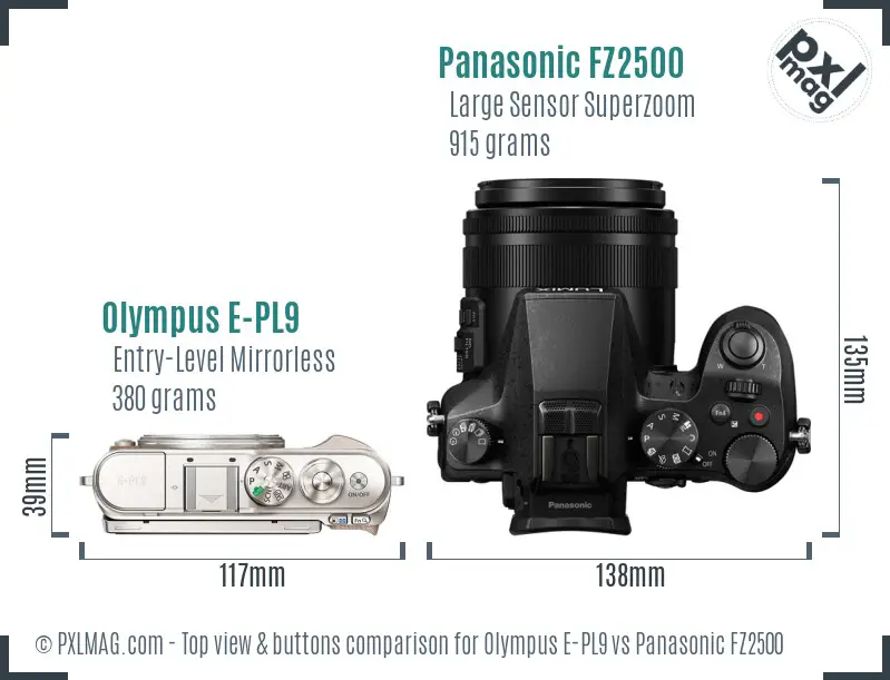 Olympus E-PL9 vs Panasonic FZ2500 top view buttons comparison