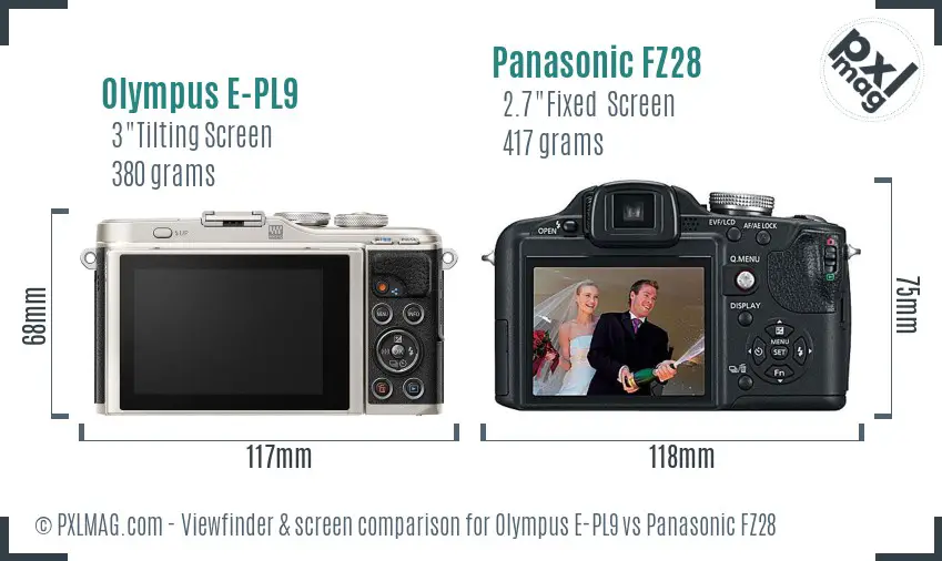 Olympus E-PL9 vs Panasonic FZ28 Screen and Viewfinder comparison