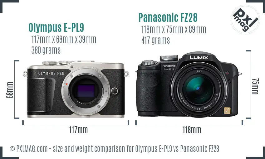 Olympus E-PL9 vs Panasonic FZ28 size comparison