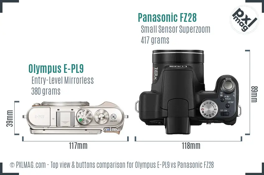 Olympus E-PL9 vs Panasonic FZ28 top view buttons comparison