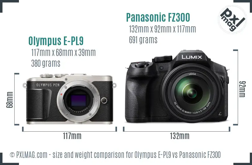Olympus E-PL9 vs Panasonic FZ300 size comparison