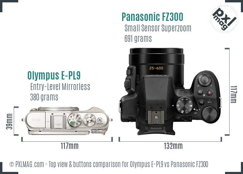 Olympus E-PL9 vs Panasonic FZ300 top view buttons comparison