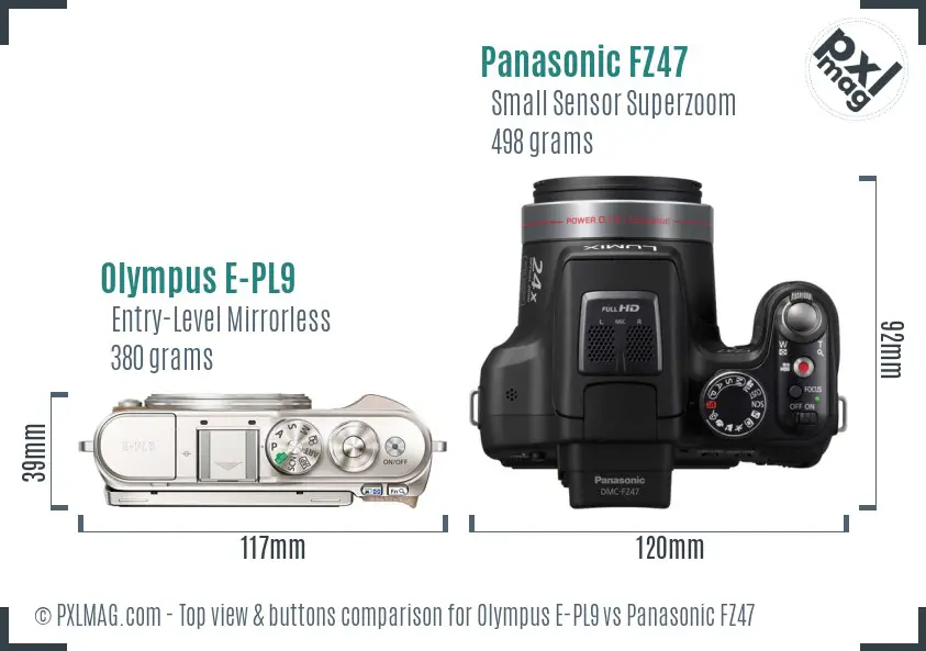 Olympus E-PL9 vs Panasonic FZ47 top view buttons comparison