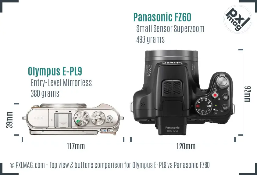 Olympus E-PL9 vs Panasonic FZ60 top view buttons comparison